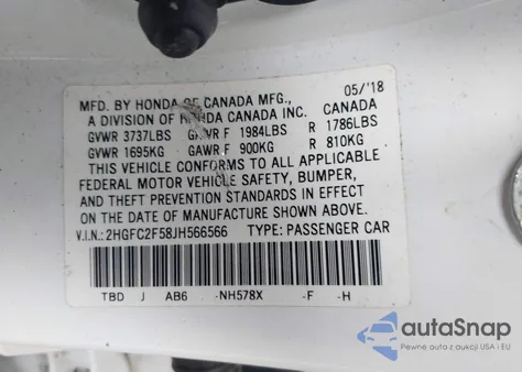 2018 Honda Civic Lx z USA, uszkodzony, nr VIN 2HGFC2F58JH566566